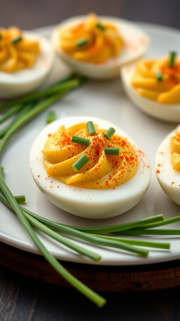 Deviled eggs topped with paprika and chives