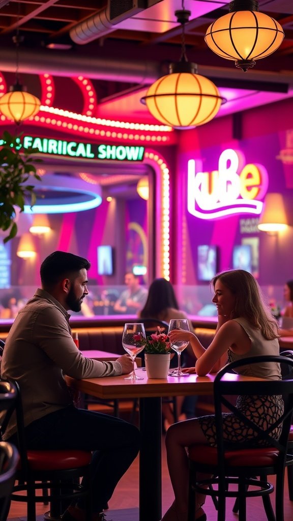 A couple enjoying dinner at a themed restaurant with vibrant decor and warm lighting.