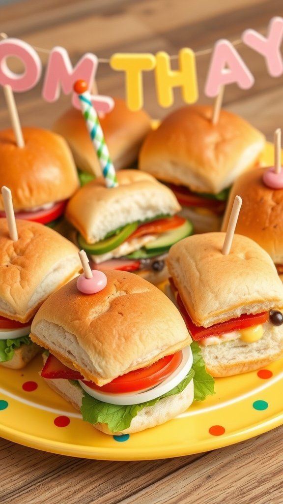 Mini sandwich sliders on a colorful plate, ideal for kids' birthday parties.