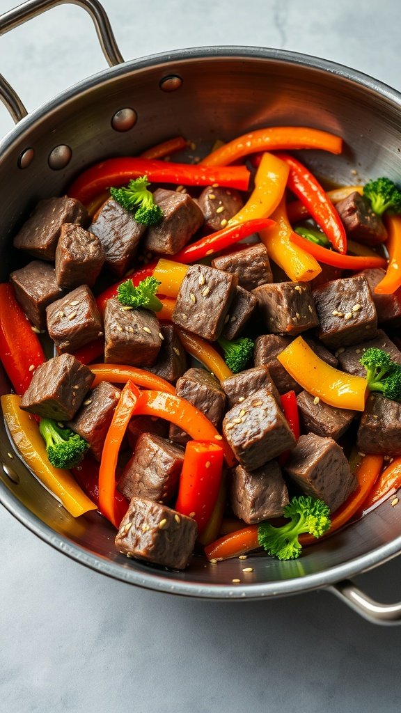 A colorful and vibrant beef stir-fry with bell peppers and broccoli in a skillet.