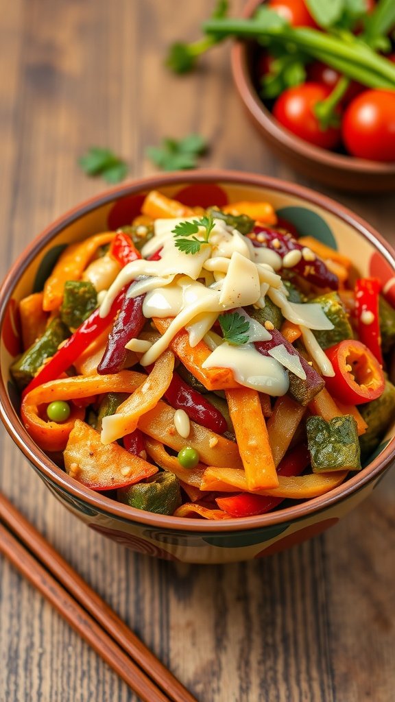 A colorful bowl of cheesy veggie stir-fry with a variety of vegetables and melted cheese on top.