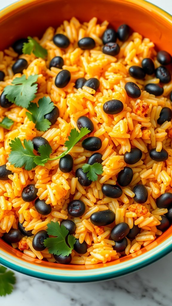 A bowl of easy Mexican rice mixed with black beans and topped with fresh cilantro.
