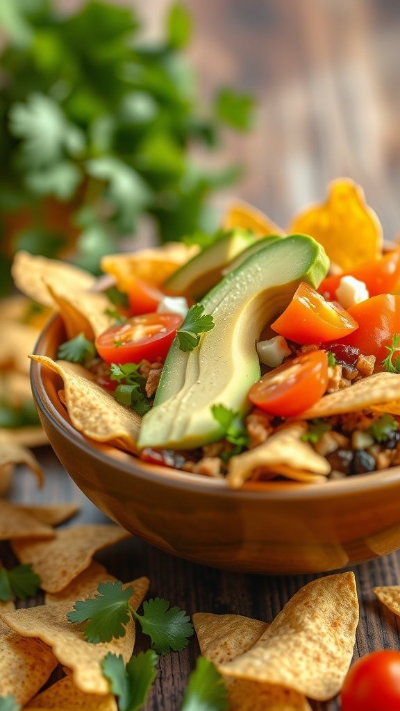 A colorful taco salad featuring fresh ingredients like lettuce, tomatoes, beans, cheese, and tortilla chips.