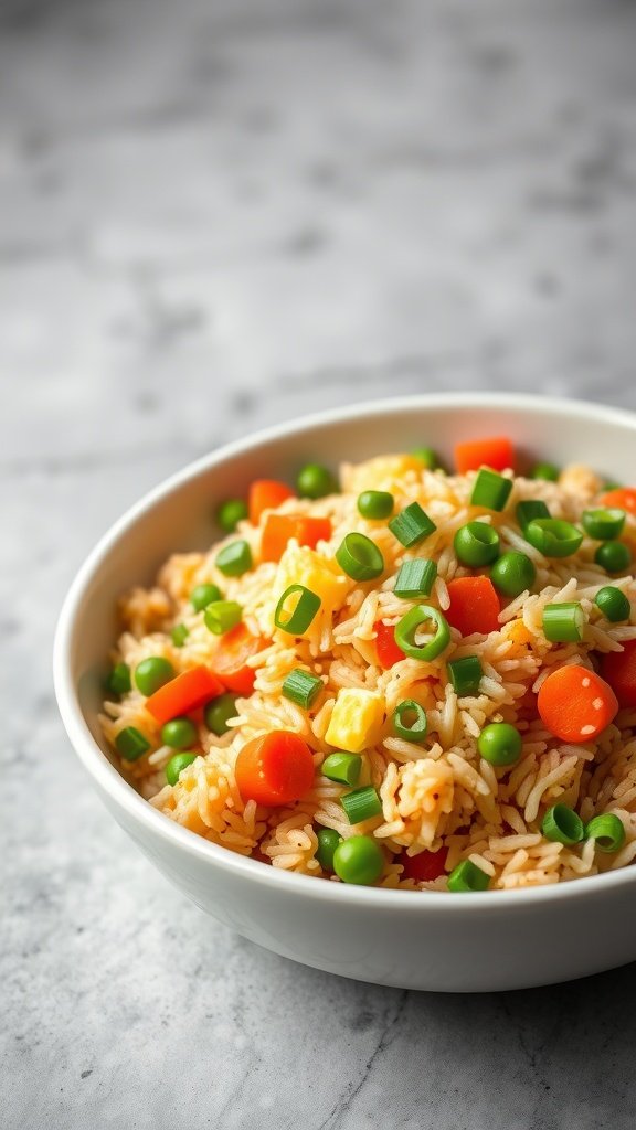 A bowl of colorful egg fried rice with vegetables and green onions.