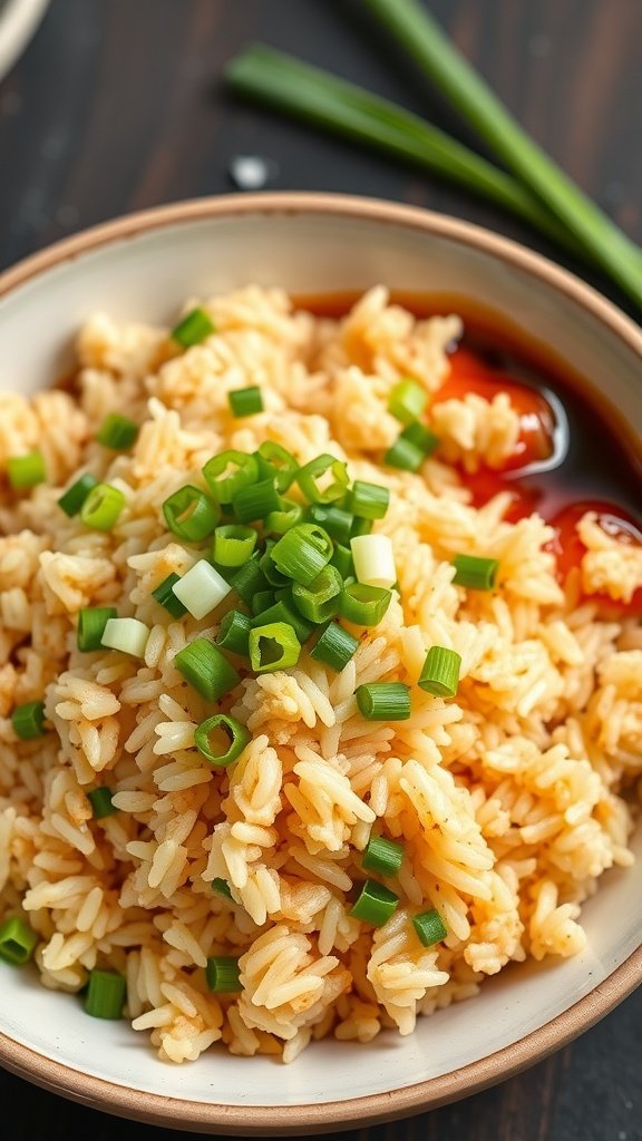 A bowl of egg fried rice topped with chopped green onions.