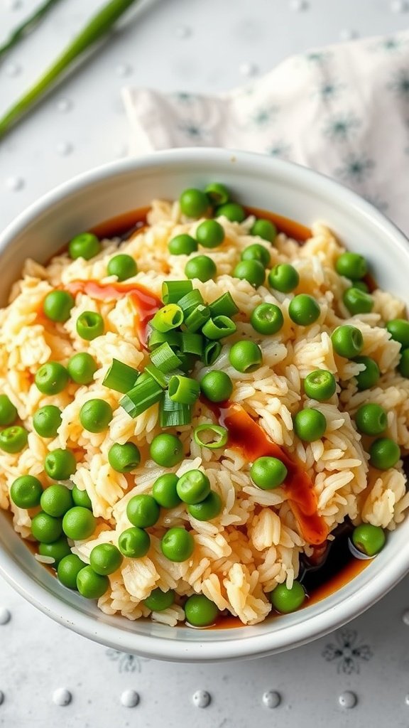 A bowl of egg fried rice with peas topped with green onions.