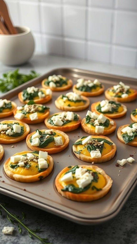 A tray of egg muffins filled with spinach and feta cheese, ready to be served.