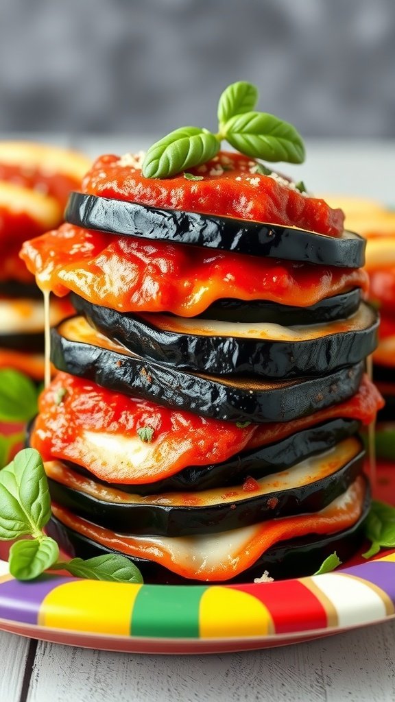 Delicious Eggplant Parmesan Stacks served with marinara sauce and topped with cheese.