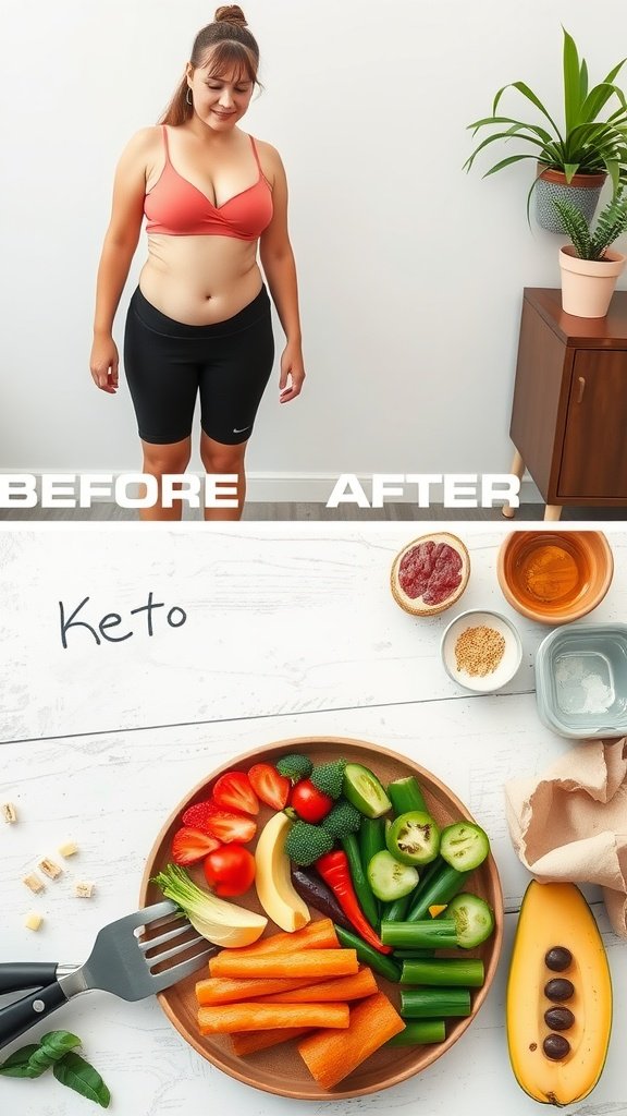 Before and after transformation showcasing weight loss results with keto diet, featuring a plate of colorful vegetables.