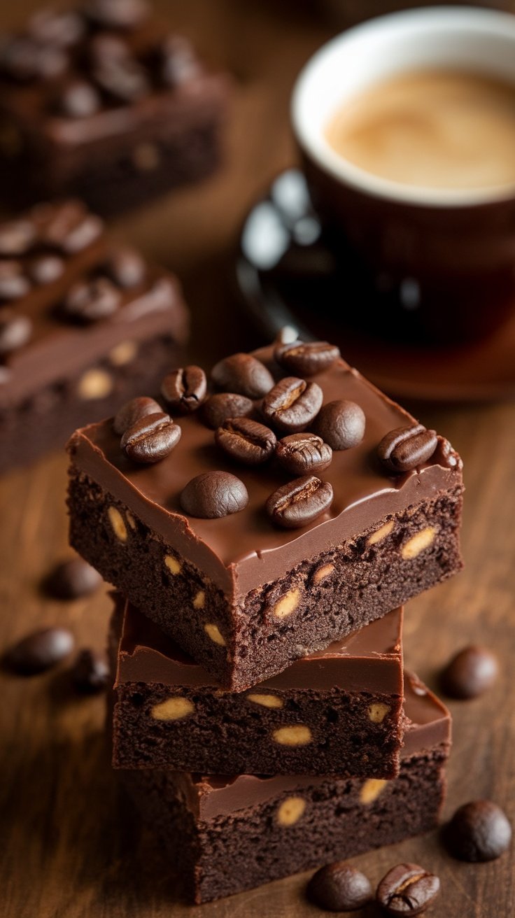 A stack of espresso brownies topped with chocolate ganache and coffee beans, next to a cup of coffee.