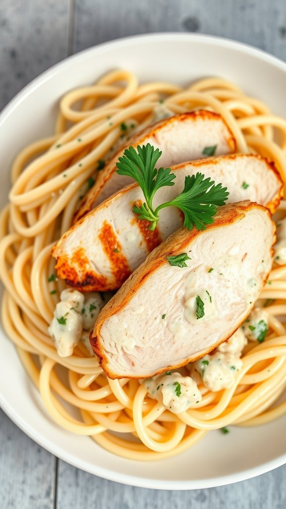 Fettuccine Alfredo with Grilled Chicken served on a plate