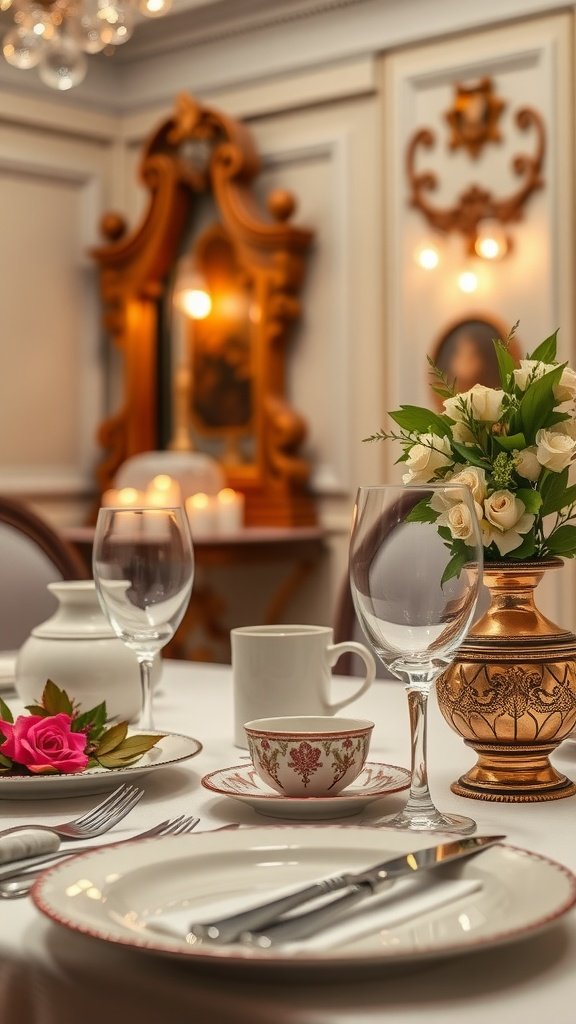 A beautifully set dining table with elegant glassware and a floral centerpiece, ideal for a fine dining experience at home.
