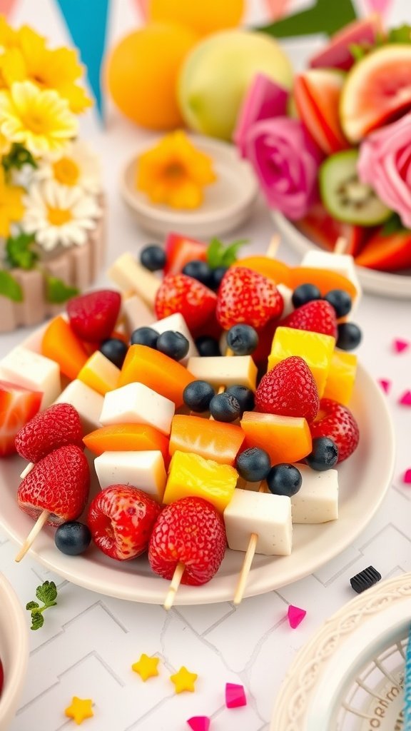 Colorful fruit and cheese kabobs on a plate, perfect for kids' birthday parties.