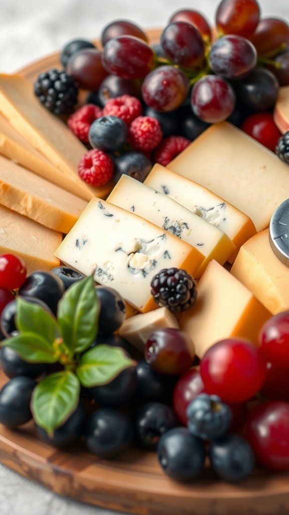 A vibrant fruit and cheese platter featuring various cheeses and fresh fruits.