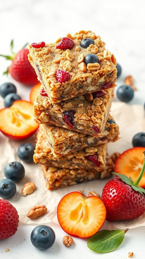 A stack of homemade fruit and nut breakfast bars surrounded by fresh strawberries, blueberries, and apricots.
