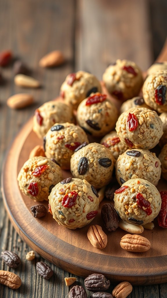 A plate of homemade fruit and nut energy bites, surrounded by nuts and dried fruits.