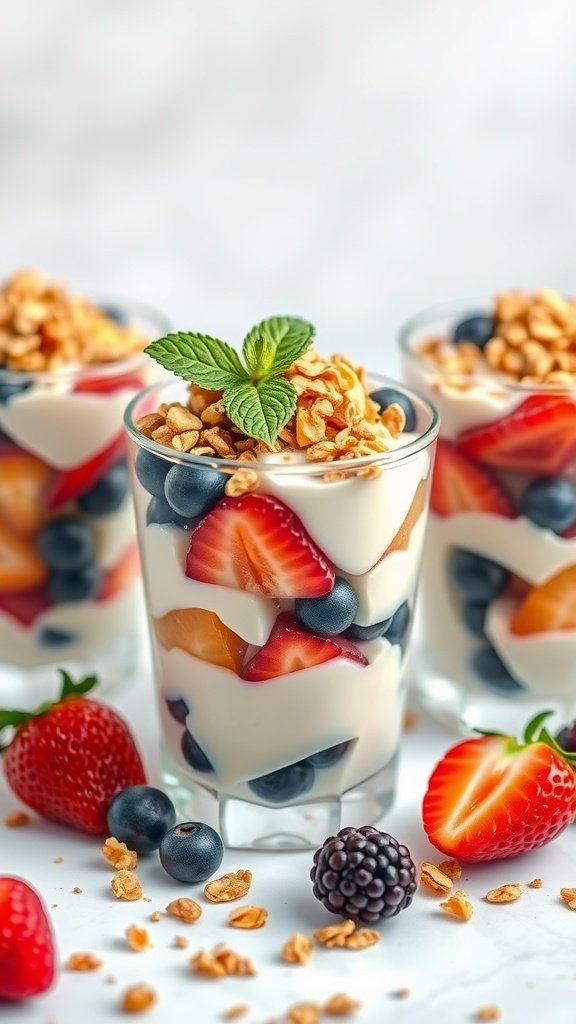 Yogurt parfaits with layered fruits and granola in clear glasses