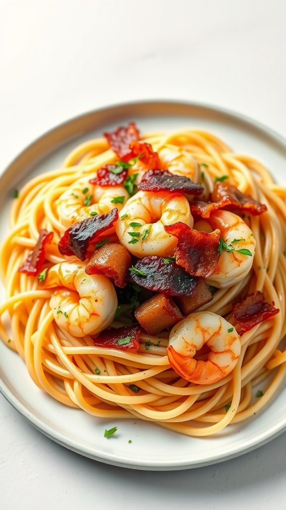 A plate of Garlic Bacon Shrimp Spaghetti topped with shrimp and crispy bacon.