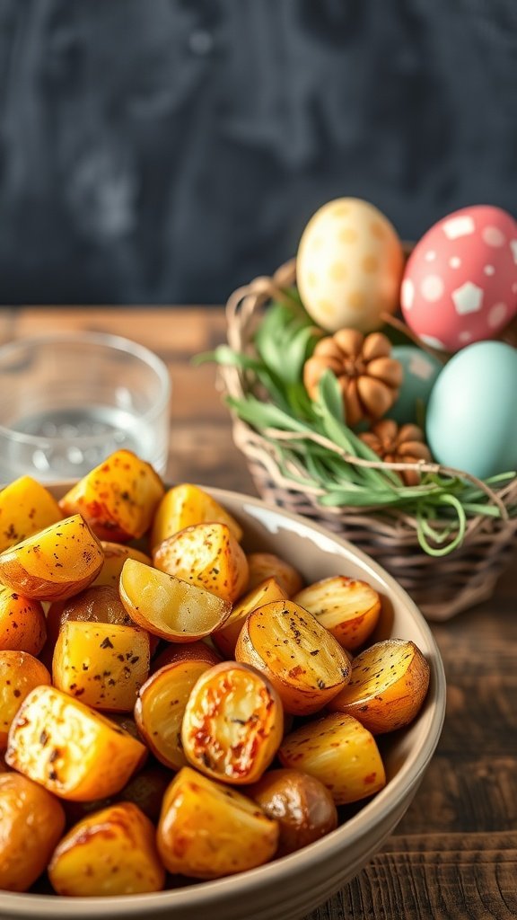 A bowl of garlic butter roasted potatoes next to a basket of decorated Easter eggs.