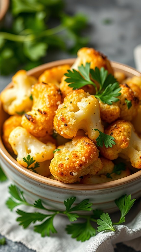 Garlic Parmesan Roasted Cauliflower Bites in a bowl garnished with parsley
