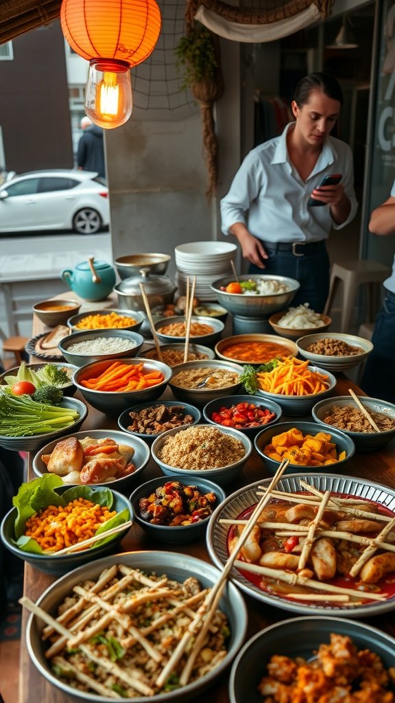 A variety of global street food displayed on a table, with a woman in a white shirt standing nearby.