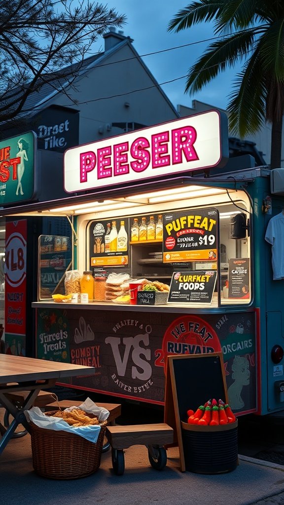 A food truck with bright lights offering gourmet food options at dusk.