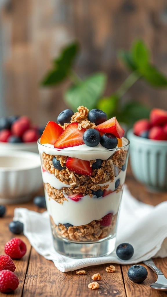 A delicious Greek yogurt parfait with layers of granola, strawberries, and blueberries.