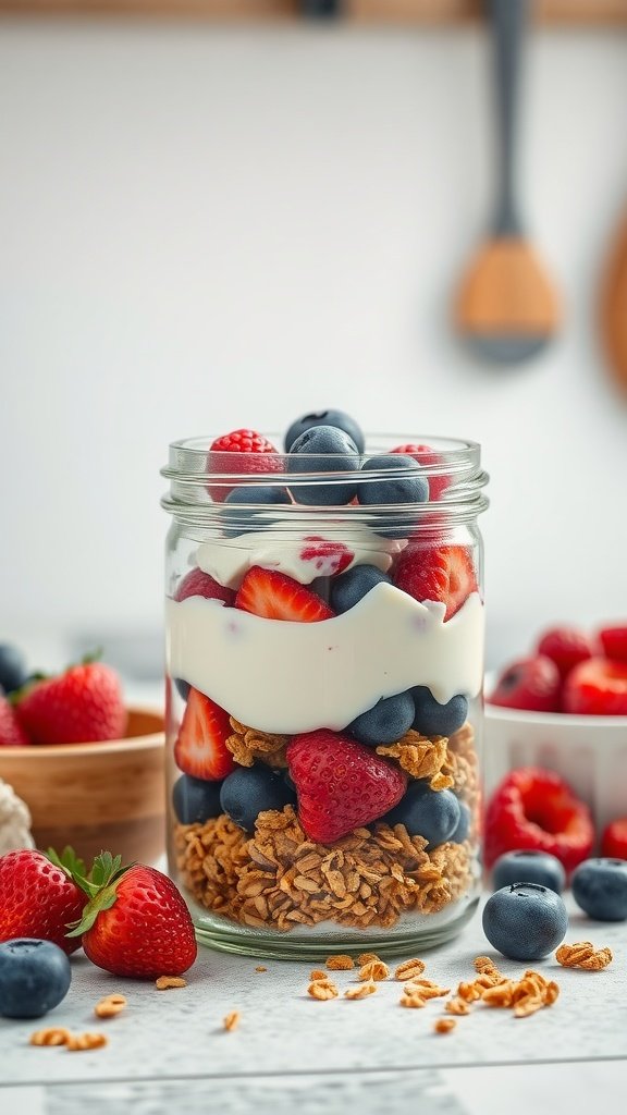 A layered Greek yogurt parfait with granola and mixed berries in a jar.