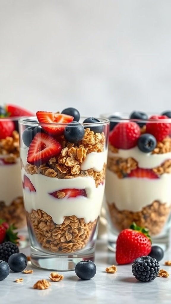 Greek yogurt parfaits with layers of granola and mixed berries in clear glasses