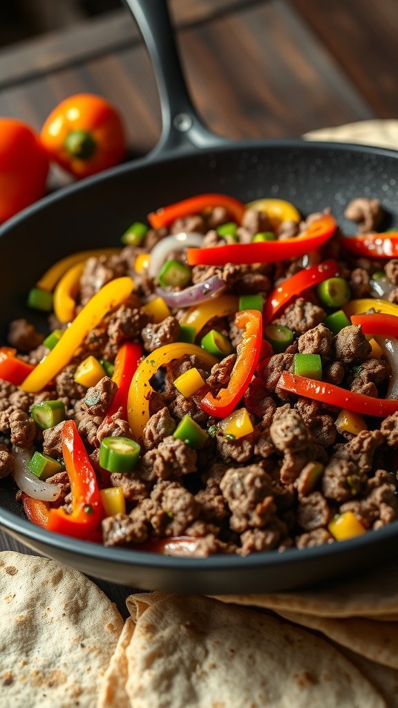 Ground beef and veggie fajitas with colorful bell peppers and onions