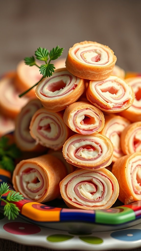 A stack of ham and cheese pinwheels on a colorful plate.
