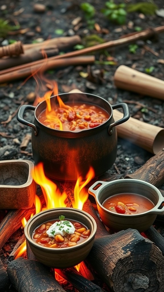 A pot of hearty chili cooking over a campfire with bowls of chili served on the side.