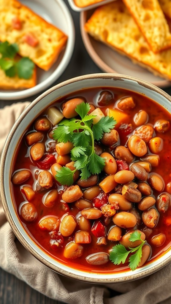 A bowl of hearty vegetable and bean chili garnished with cilantro.