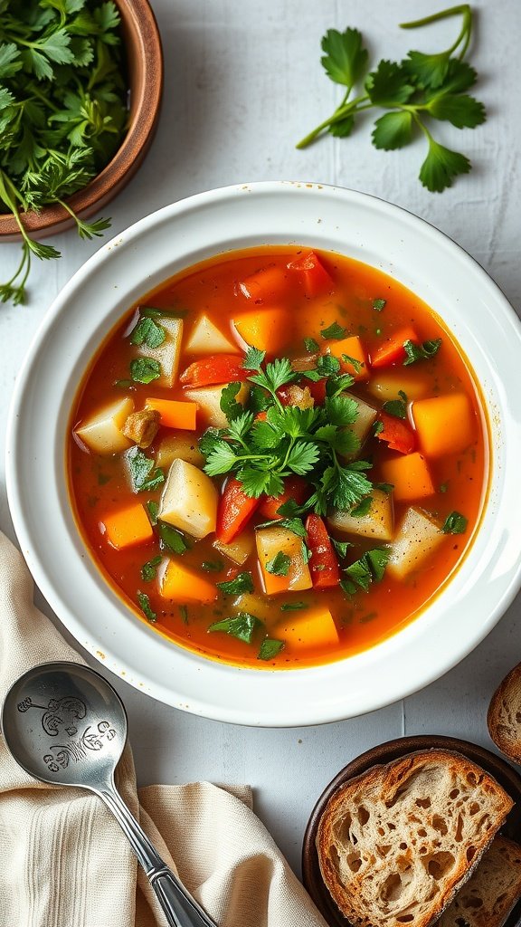 A bowl of colorful hearty vegetable soup garnished with parsley.