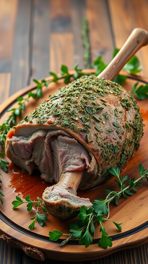 A beautifully roasted leg of lamb with a herb crust, displayed on a wooden platter with fresh herbs around it.