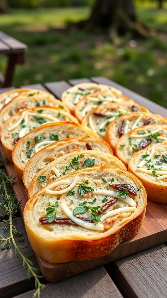 Slices of herbed cheesy garlic bread on a wooden serving board.