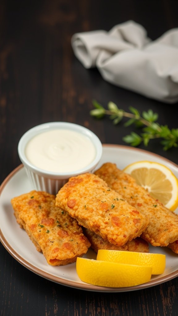 Plate of homemade fish sticks with dipping sauce and lemon wedges