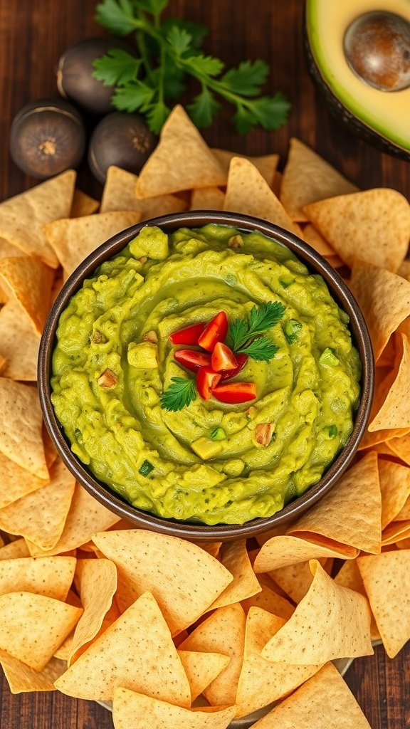 A bowl of homemade guacamole surrounded by crispy tortilla chips.
