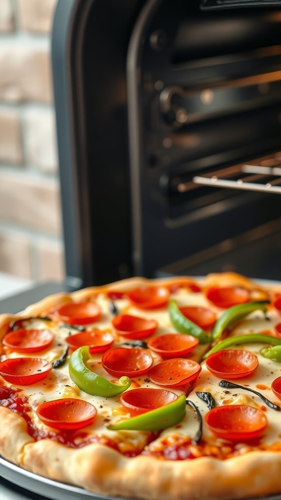 A delicious homemade pizza topped with pepperoni and bell peppers.