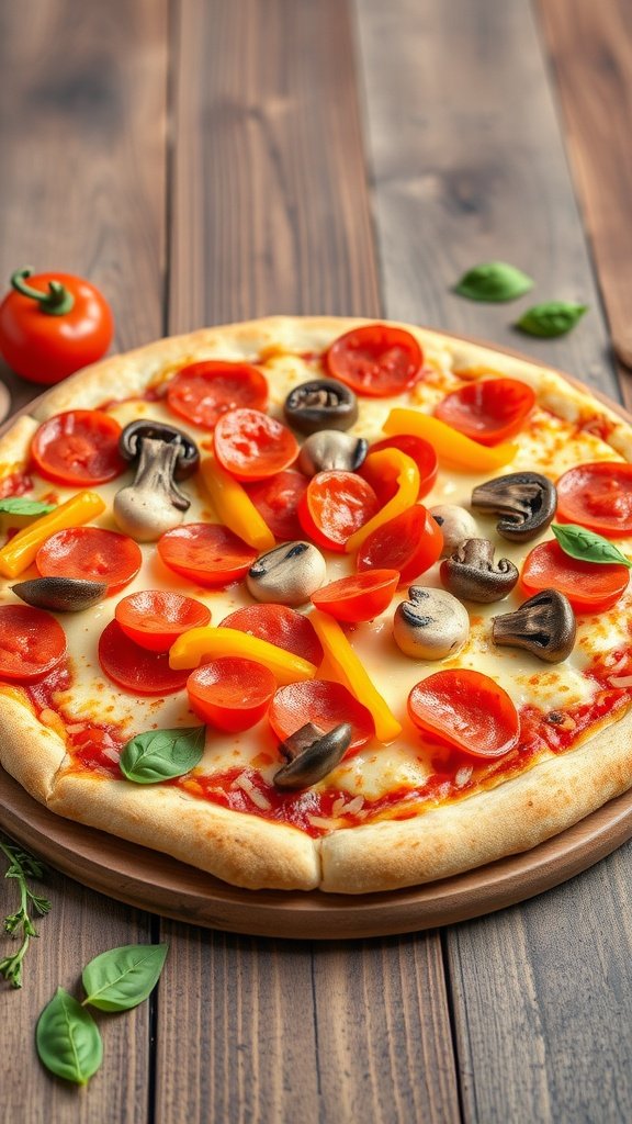 Homemade pizza topped with pepperoni, bell peppers, mushrooms, and basil