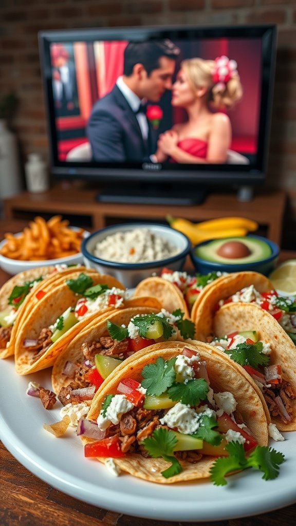 A plate of homemade tacos with toppings and a romantic movie playing in the background.