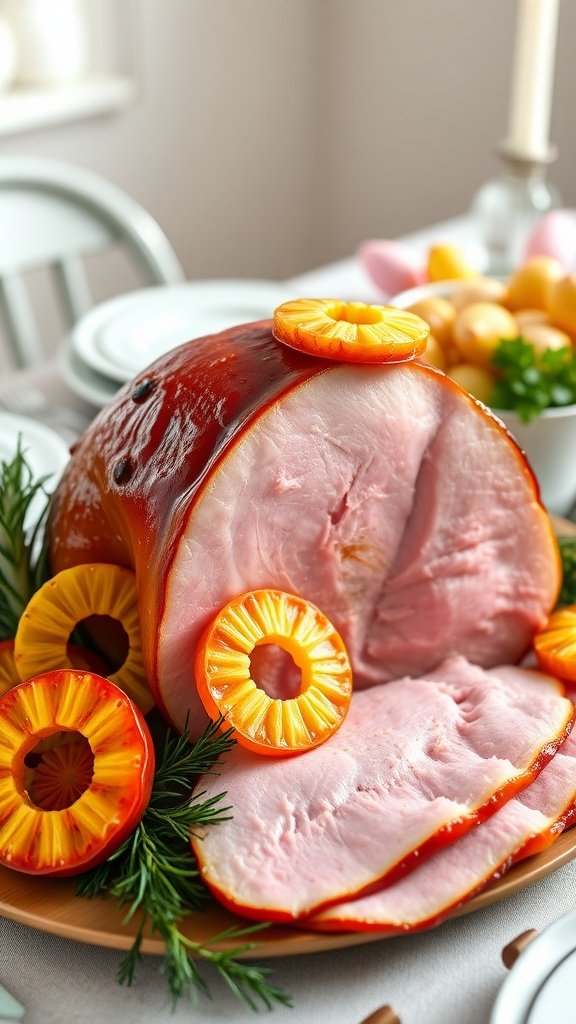 A beautiful honey glazed ham garnished with pineapple slices, ready for an Easter feast.
