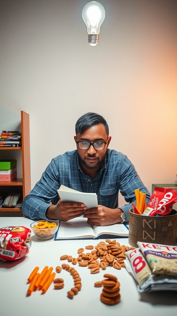 A person reading a book at a table with keto snacks, symbolizing mental clarity and focus.