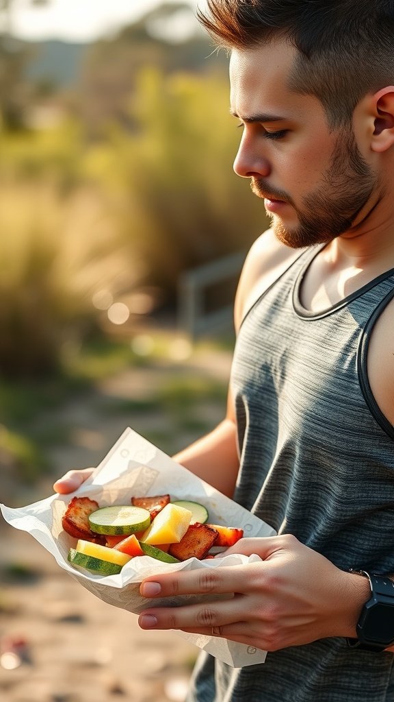 A man in a sporty tank top holding a plate with healthy food outdoors, symbolizing energy and fitness.