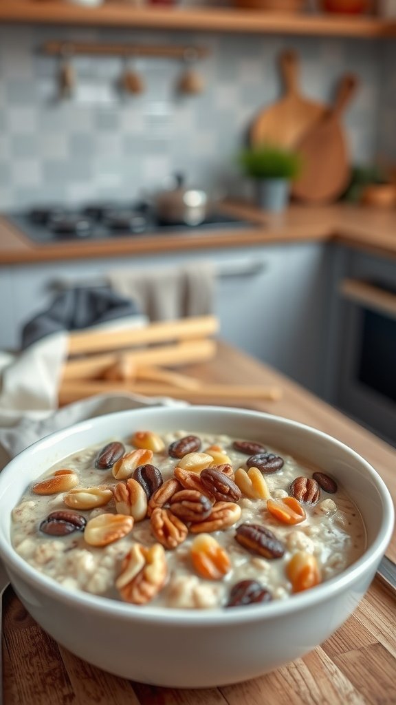 A bowl of instant oatmeal topped with assorted nuts and dried fruits, placed on a wooden kitchen counter.