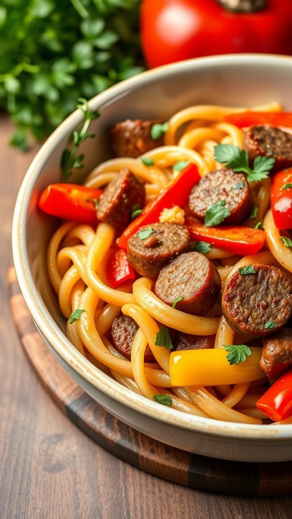 A bowl of Italian Sausage and Pepper Pasta with sliced sausage and colorful bell peppers.