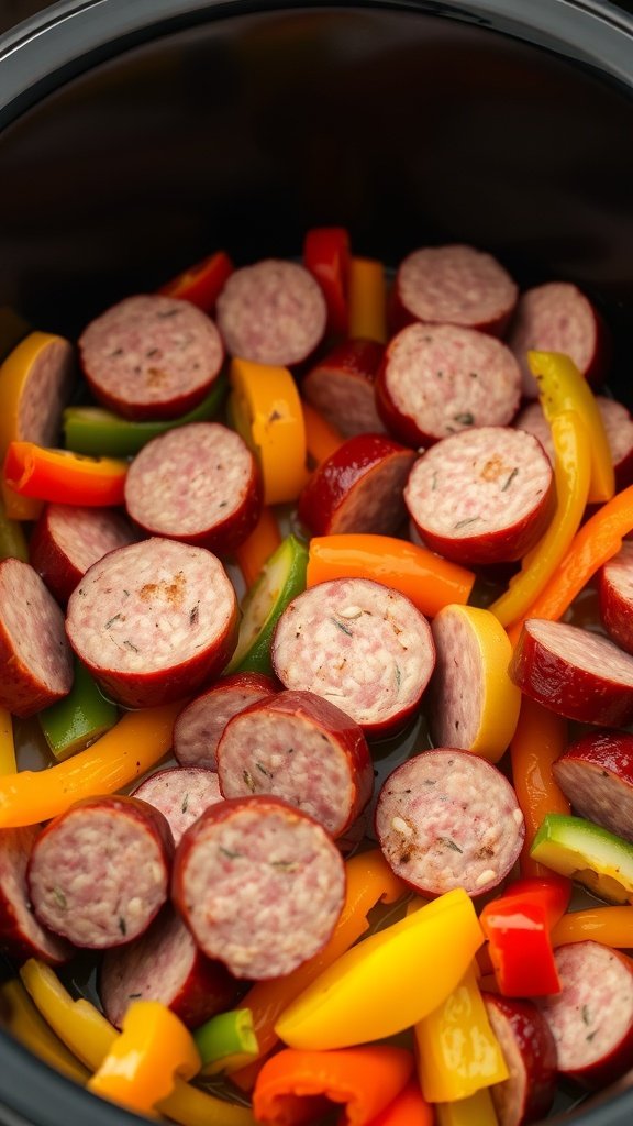 Crockpot filled with sliced Italian sausage and colorful bell peppers