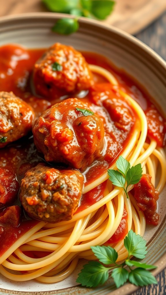 Bowl of spaghetti topped with meatballs and tomato sauce