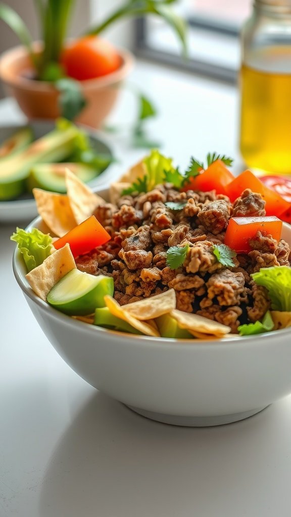 A colorful bowl of lean beef taco salad topped with fresh vegetables and tortilla chips.