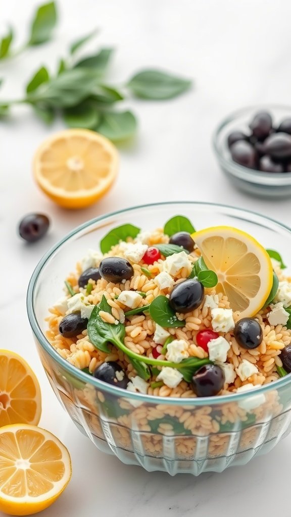 A bowl of Lemon and Spinach Orzo Salad garnished with olives and lemon slices.
